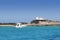 Illetes salt windmill from sea view Formentera