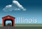 Illinois is featured in this rural themed poster. A red covered bridge, blue sky, a stream and flat grassland are the background