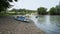 Illinois River in eastern Oklahoma, people kayak around a bend