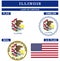 Illinois Symbol collection with flag, seal, US flag and emblem as vector.