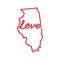 Illinois US state red outline map with the handwritten LOVE word. Vector illustration