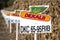 Illinois, USA, October 2020 - Rows of Dekalb chemical signs in Midwest corn field, with dried brown feed corn on stalks