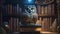 Illuminate the wisdom of a majestic owl perched gracefully on a magical bookshelf