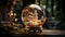 An illuminated antique lantern reflects the ornate old fashioned glass sphere generated by AI