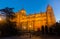 Illuminated building of New Cathedral of Salamanca in spring twilight