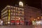 Illuminated buildings on Wenceslas Square. Old and new buildings are changing with the onset of the evening.