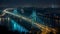 Illuminated cable stayed bridge over river in cityscape at night, cityscape aerial view, large river