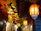 Illuminated Chinese lanterns and decorative chinese oil-paper umbrellas