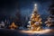 Illuminated Christmas Tree in snow with Lights Decoration. Outdoor view with snow. Created using generative AI