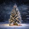 Illuminated Christmas Tree in snow with Lights Decoration . Outdoor view with snow. Created using generative AI