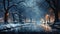 Illuminated city park at night in winter with snow-covered trees and wet alley