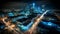 Illuminated city skyline, modern architecture, blurred traffic, high angle view generated by AI