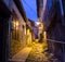 Illuminated cobbled street with light reflections on cobblestones in old historical city by night. Dark blurred