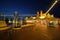 Illuminated deck of ship at evening.