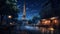 The illuminated Eiffel Tower at night created with Generative AI. City of paris at night.