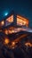 Illuminated Exterior of Modern Architecture in Rock at Night Time. Generative ai