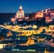 Illuminated facade of Duomo di San Giorgio church. Splendid night cityscape of Ragusa town. Sunset in Sicily, Italy, Europe. Trave