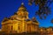 Illuminated facade of Saint Isaac& x27;s Cathedral in Saint Petersburg, Russia