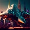 Illuminated flying futuristic aircraft science fiction scene. AI generated. Selective Focus