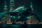 Illuminated flying futuristic aircraft science fiction scene. AI generated. Selective Focus