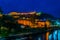 illuminated fortress reflecting on Osam river in the bulgarian city Lovech...IMAGE