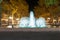 Illuminated fountain and tree lined promenade long exposure nigh