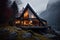 An illuminated A-frame house by a serene lake, surrounded by misty mountains and autumn trees. Tranquil and cozy atmosphere