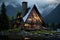 An illuminated A-frame house by a serene lake, surrounded by misty mountains and autumn trees. Tranquil and cozy atmosphere