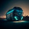 Illuminated futuristic autonomous bus science fiction scene. AI generated. Selective Focus