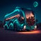 Illuminated futuristic autonomous bus science fiction scene. AI generated. Selective Focus