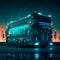 Illuminated futuristic autonomous bus science fiction scene. AI generated. Selective Focus