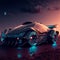 Illuminated futuristic autonomous car science fiction scene. Selective Focus. AI generated