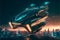 Illuminated futuristic autonomous flying car science fiction scene. Selective Focus. AI generated