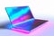 Illuminated futuristic laptop on white background