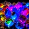 Illuminated Gems: Close-Up View of Faceted Quartz Crystals Bathed in Colorful Light