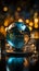 Illuminated glass globe on a backdrop of business charts with radiating rays