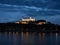 Illuminated gothic renaissance baroque medieval Bratislava castle Bratislavsky hrad fortress during blue hour