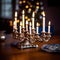 Illuminated Hanukkah Menorah on Dark Wooden Table