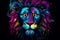 Illuminated Head of lion with neon style. Wildlife predator