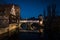 Illuminated Henkersteg bridge after dark in Nurnberg, Bavaria, Germany. Cityscape image view from MaxbrÃ¼cke