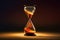 Illuminated Hourglass on Wooden Surface, Time Slipping Away. GenerativeAI