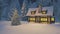 Illuminated house and Xmas tree at snowfall night