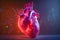 Illuminated human heart with glowing veins on a red bokeh backdrop. Health theme.