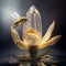 Illuminated Ice Lily and Golden Bee in Flight and Rest. Generative AI