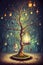 Illuminated Jars and Alchemical Symbols Adorning a Tree in a Fantastic Forest. AI generated