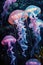 Illuminated jellyfish with vibrant pink hues underwater