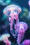 Illuminated jellyfish with vibrant pink hues underwater
