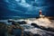 illuminated lighthouse during a stormy night