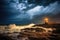 illuminated lighthouse during a stormy night