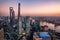 Illuminated Lujiazui skyline and Ring road circular footbridge, Shanghai, China